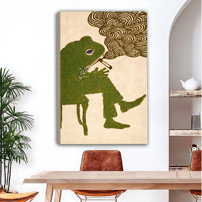Gallery-wrap smoking frog canvas wall art with visible left-edge depth above a dining table
