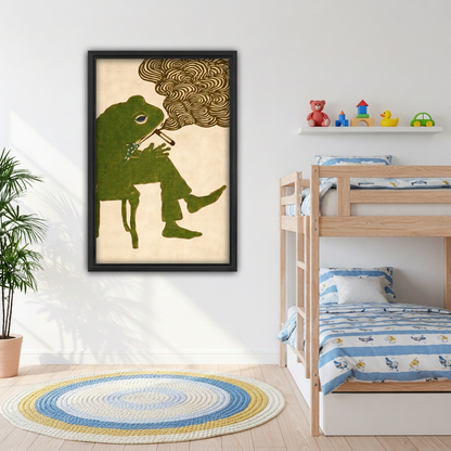 Framed smoking frog canvas wall art beside wooden bunk beds in a kids’room