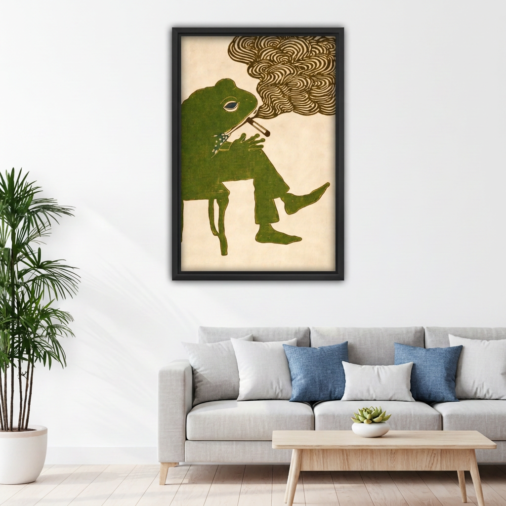 Retro smoking frog canvas wall art above a gray sofa with blue cushions