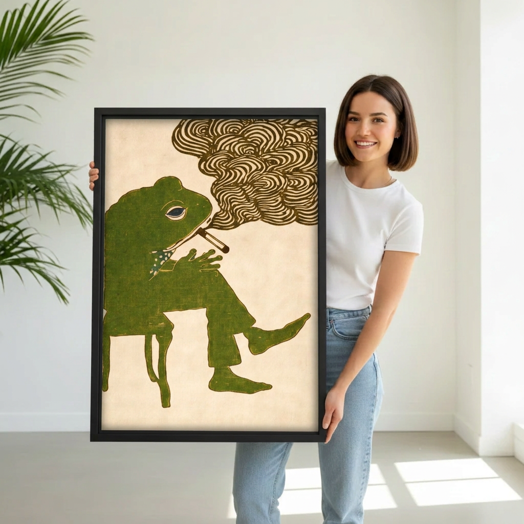 Model holding framed smoking frog canvas wall art with swirling smoke for size reference