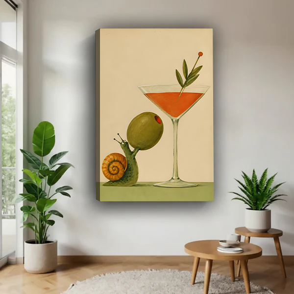 Whimsical snail cocktail canvas wall art without an outer frame, displayed above wooden tables beside houseplants.
