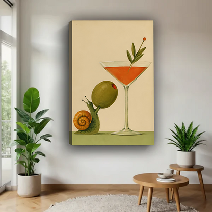 Whimsical snail cocktail canvas wall art without an outer frame, displayed above wooden tables beside houseplants.