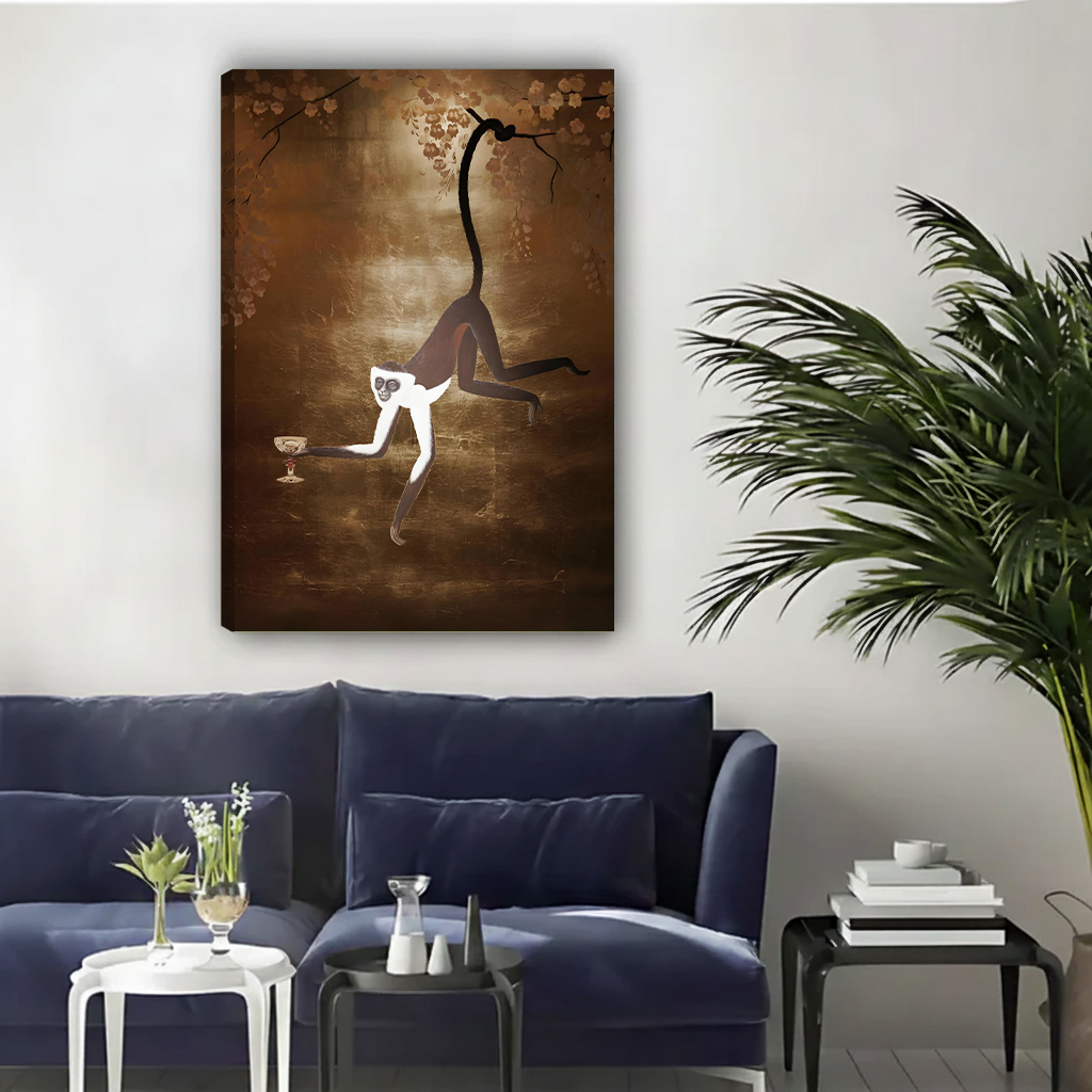 Unframed spider monkey canvas print displayed above a navy sofa in a contemporary living room setting
