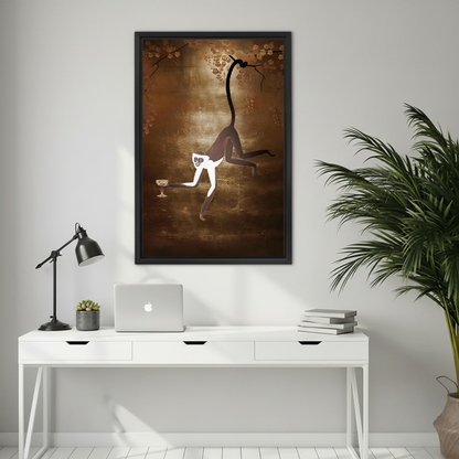 Framed spider monkey wall art print hung above a white desk in a minimalist home office