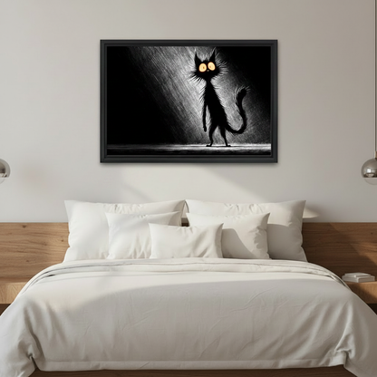  Eerie black cat with glowing eyes framed wall art above white bed, dramatic dark sketch bedroom decor
