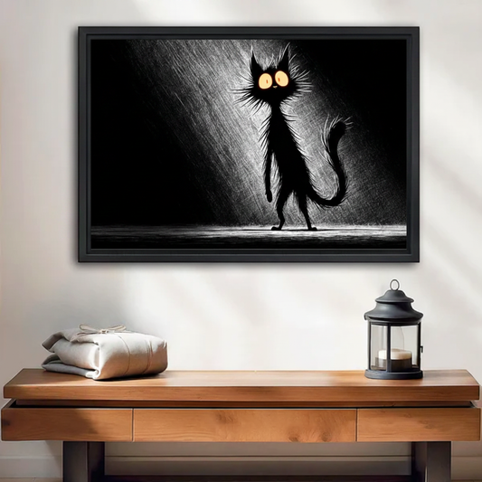 Spooky cartoon black cat with wild fur and glowing eyes, black framed sketch wall art above wooden console table