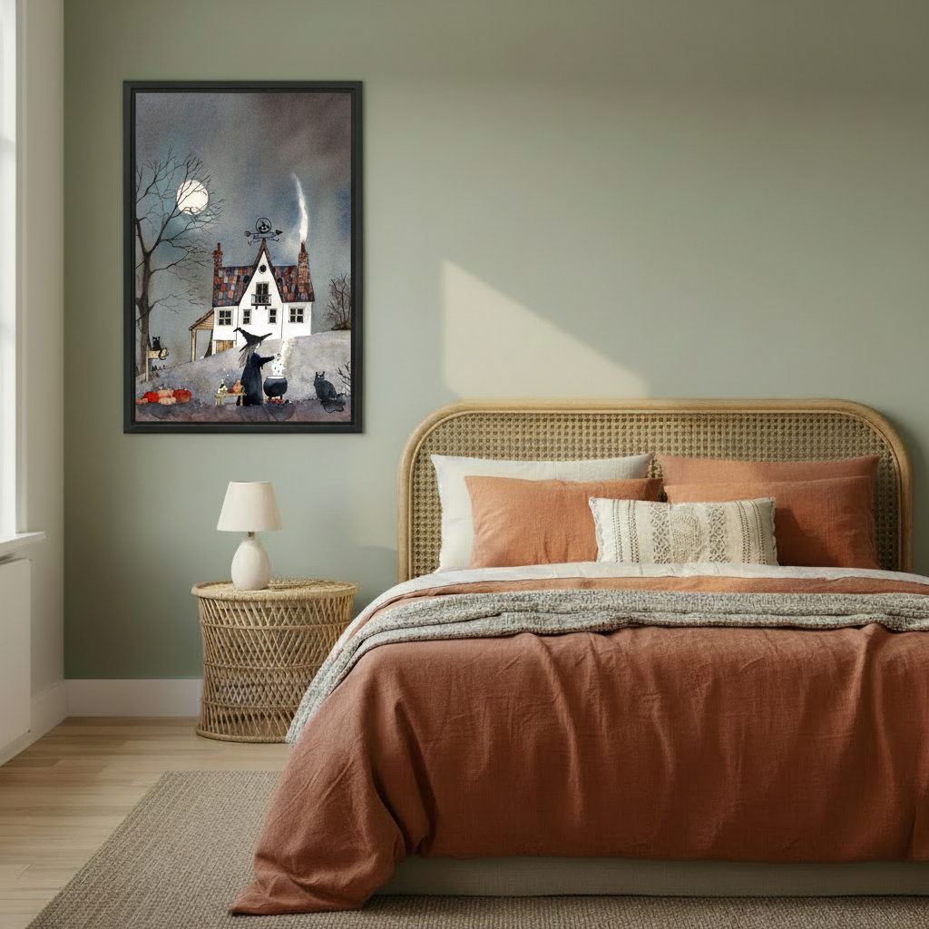 Framed spooky witch house canvas wall art displayed above a warm-toned bedroom.