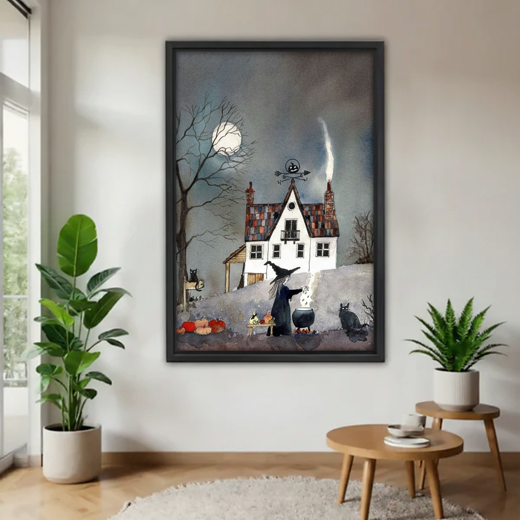 Spooky witch house canvas wall art displayed in a black frame against a bright accent wall.