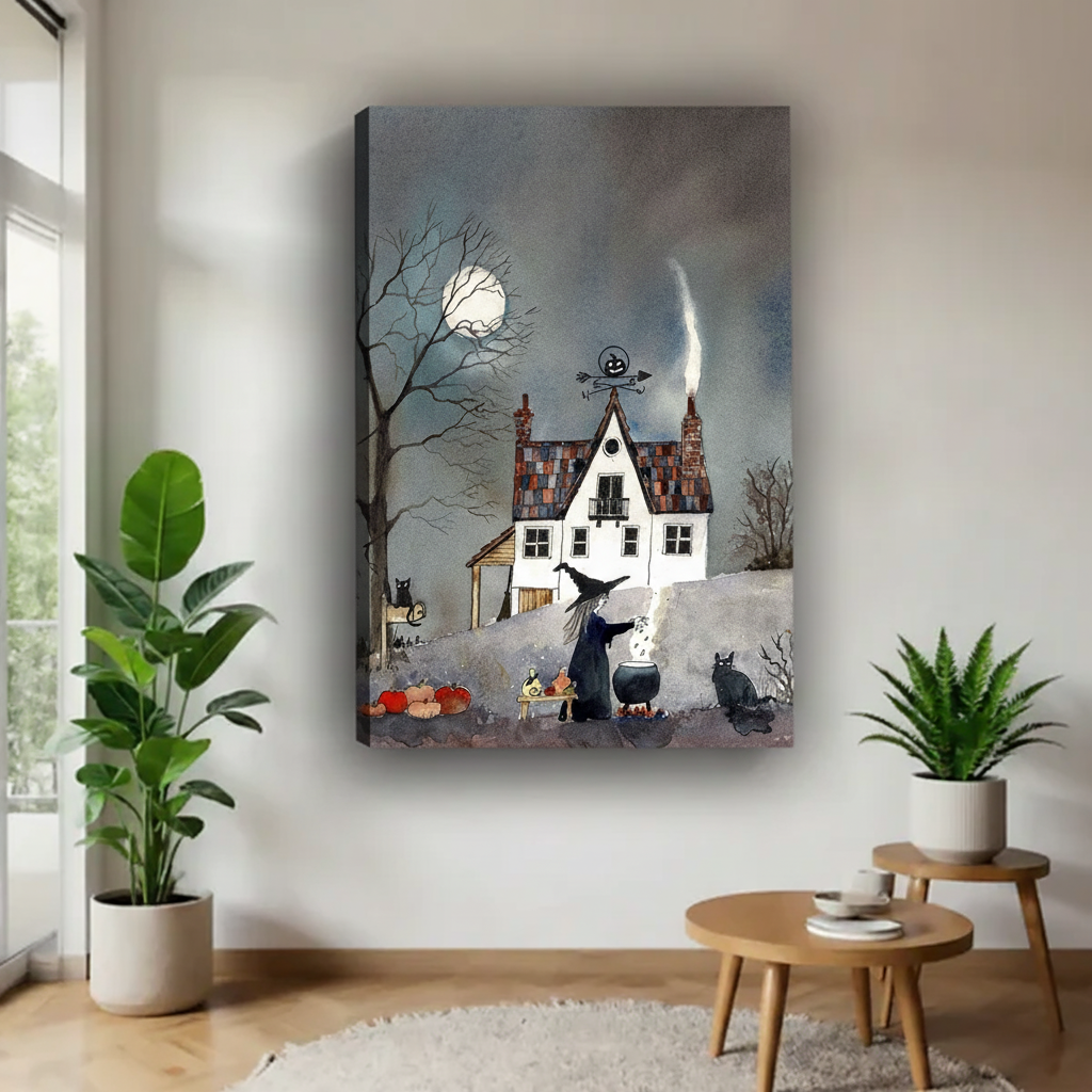 Spooky witch house canvas wall art shown as a gallery-wrap canvas with visible side depth.