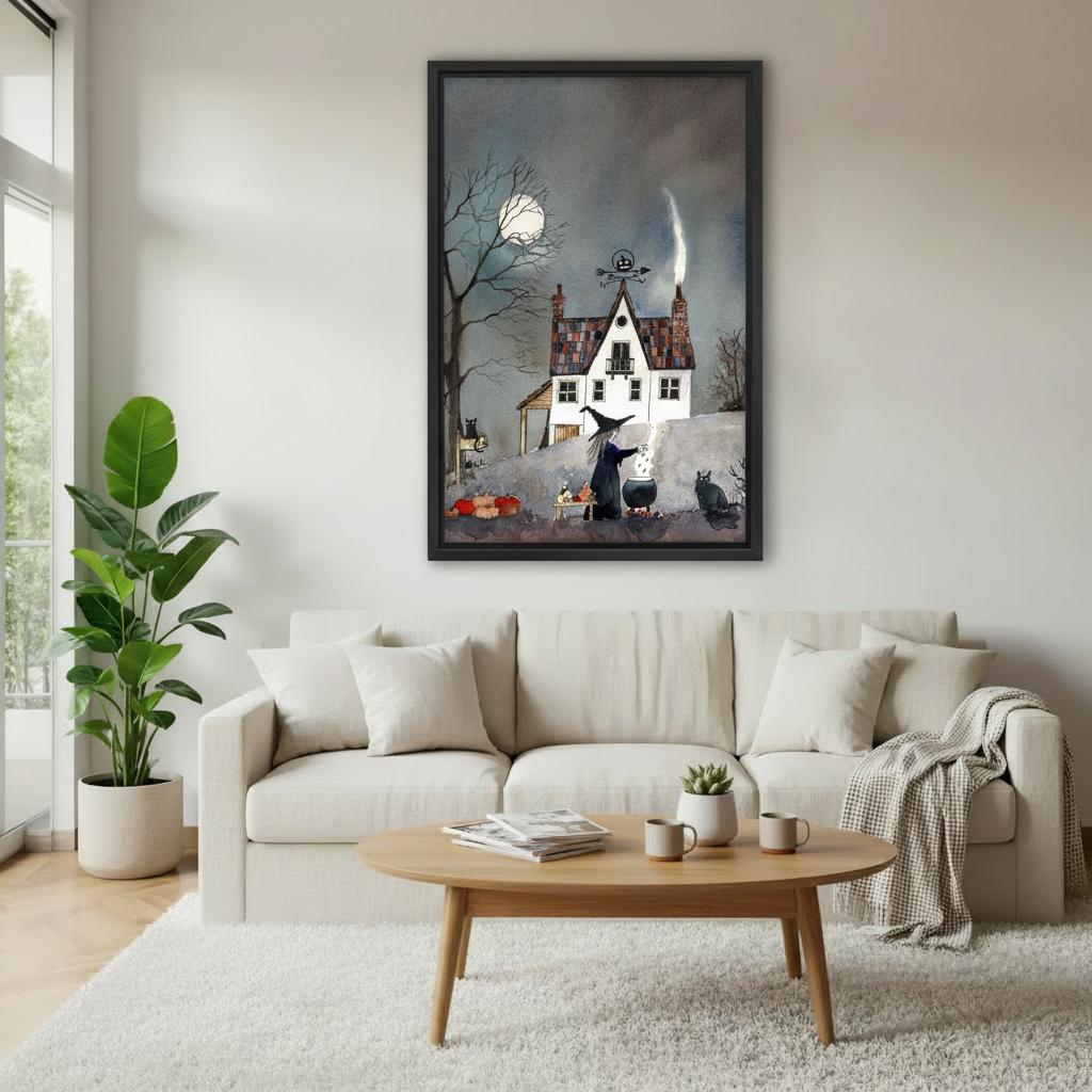 Framed spooky witch house canvas wall art displayed above a neutral sofa in a bright living room.
