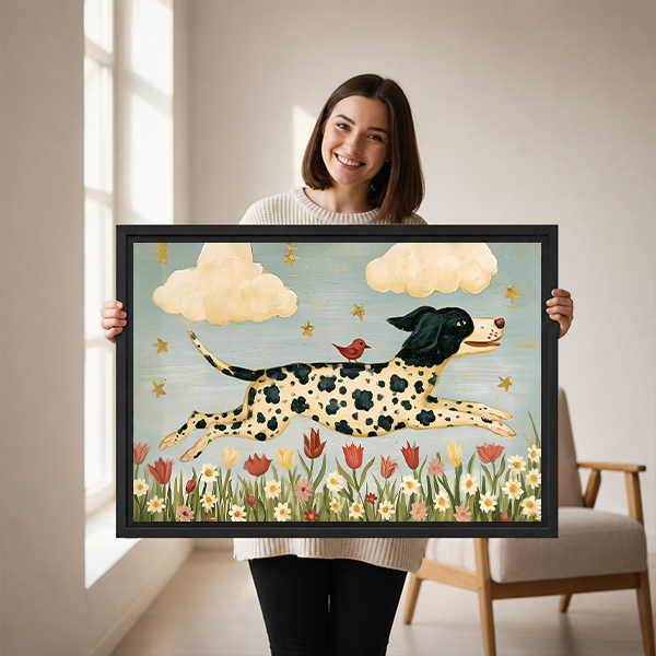 Whimsical spotted dog and bird canvas wall art in a black frame above a wooden console with a lantern.