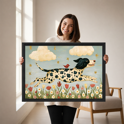 Whimsical spotted dog and bird canvas wall art in a black frame above a wooden console with a lantern.