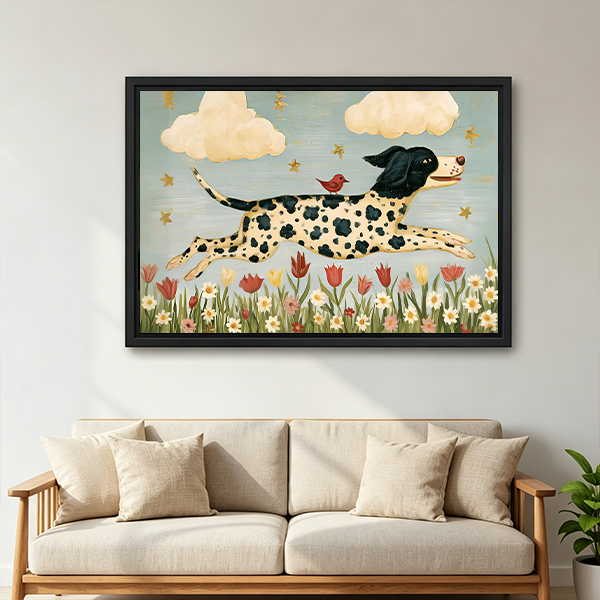 Black-framed spotted dog and bird canvas wall art featuring red tulips and golden stars above a cream sofa.