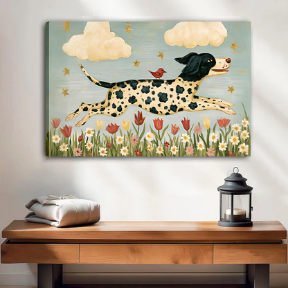 Unframed spotted dog and bird canvas wall art showing a leaping dog over flowers above a wooden console.