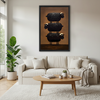 Whimsical Stacked Black Sheep Canvas Wall Art | Framed & Unframed l5104