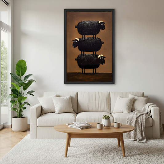 Whimsical Stacked Black Sheep Canvas Wall Art | Framed & Unframed l5104
