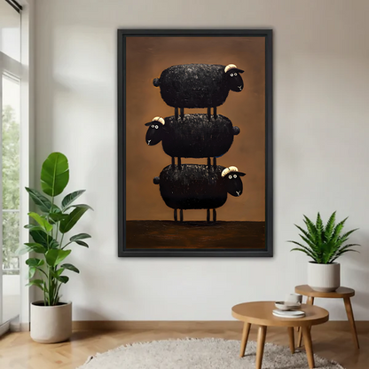 Whimsical Stacked Black Sheep Canvas Wall Art | Framed & Unframed l5104