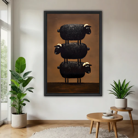 Whimsical Stacked Black Sheep Canvas Wall Art | Framed & Unframed l5104