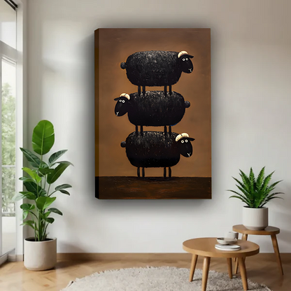 Whimsical Stacked Black Sheep Canvas Wall Art | Framed & Unframed l5104