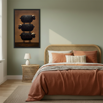 Whimsical Stacked Black Sheep Canvas Wall Art | Framed & Unframed l5104