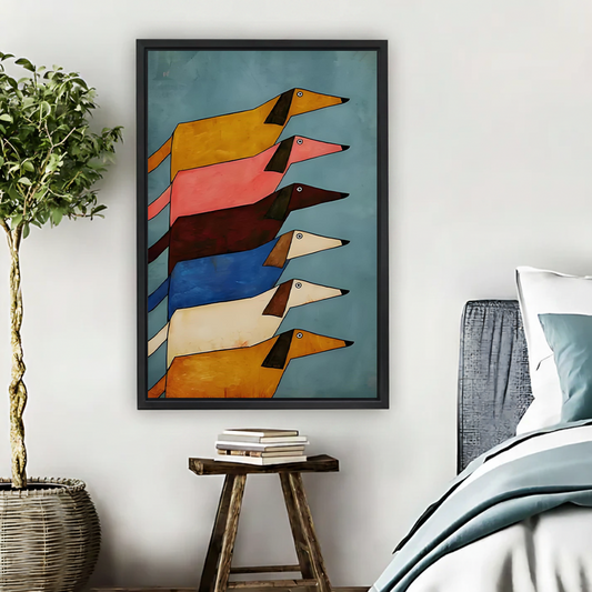 Six colorful stacked dachshunds geometric folk art framed canvas print displayed in cozy bedroom setting
