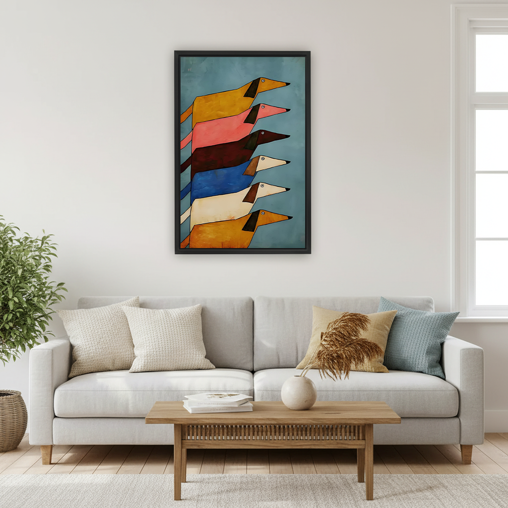 Framed stacked dachshunds geometric art print hanging above marble gold desk in elegant home office