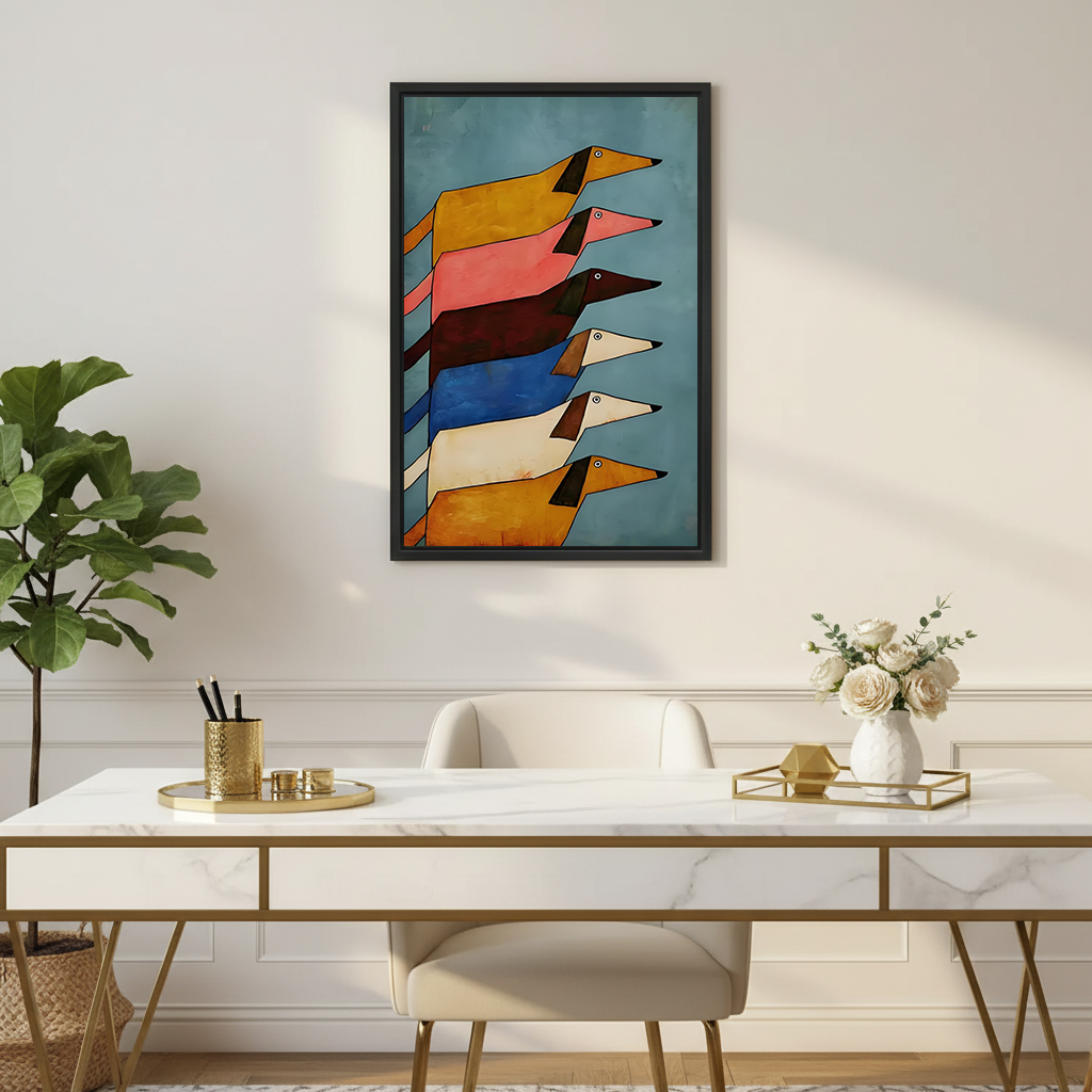 Colorful stacked dachshunds framed folk art canvas displayed above neutral sofa in bright Scandinavian living room
