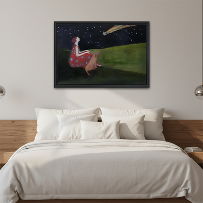 Framed stargazing girl and deer shooting star wall art mounted above a beige linen sofa in a bright Scandinavian-style living room