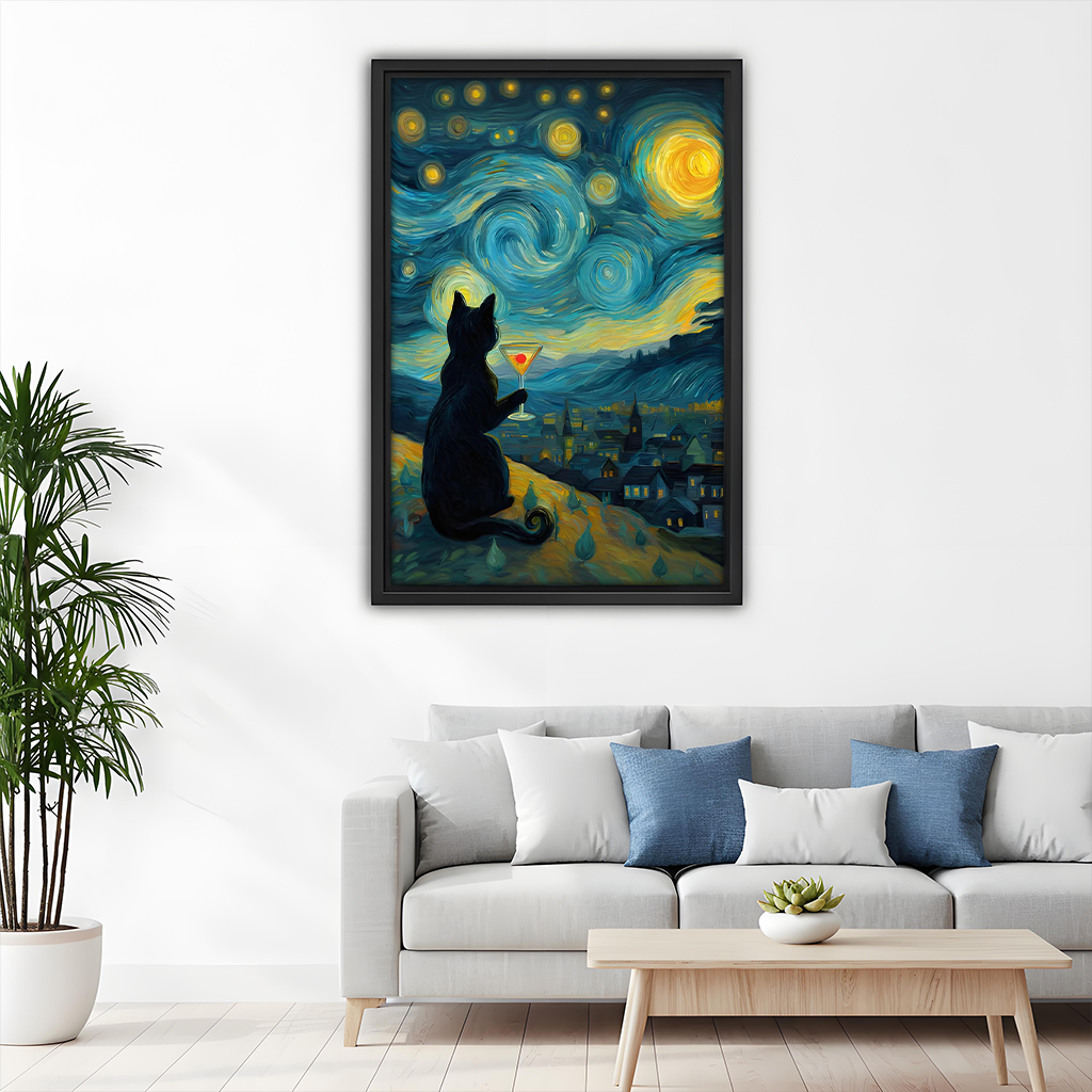 Black-framed starry night black cat canvas wall art with a swirling sky and village displayed beside wooden bunk beds.
