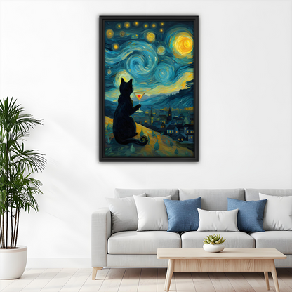 Black-framed starry night black cat canvas wall art with a swirling sky and village displayed beside wooden bunk beds.