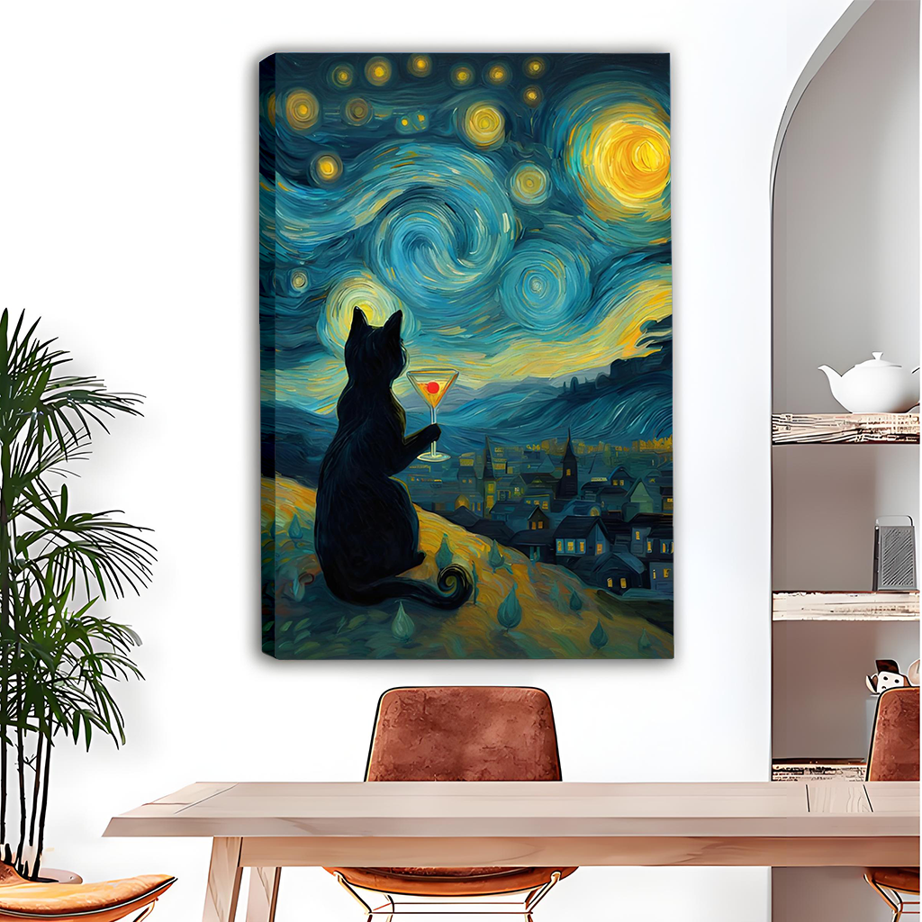 Black-framed starry night black cat canvas wall art with golden stars and a cocktail glass above a dining table.