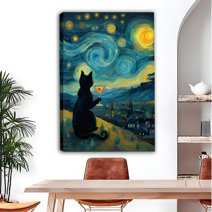 Black-framed starry night black cat canvas wall art with golden stars and a cocktail glass above a dining table.