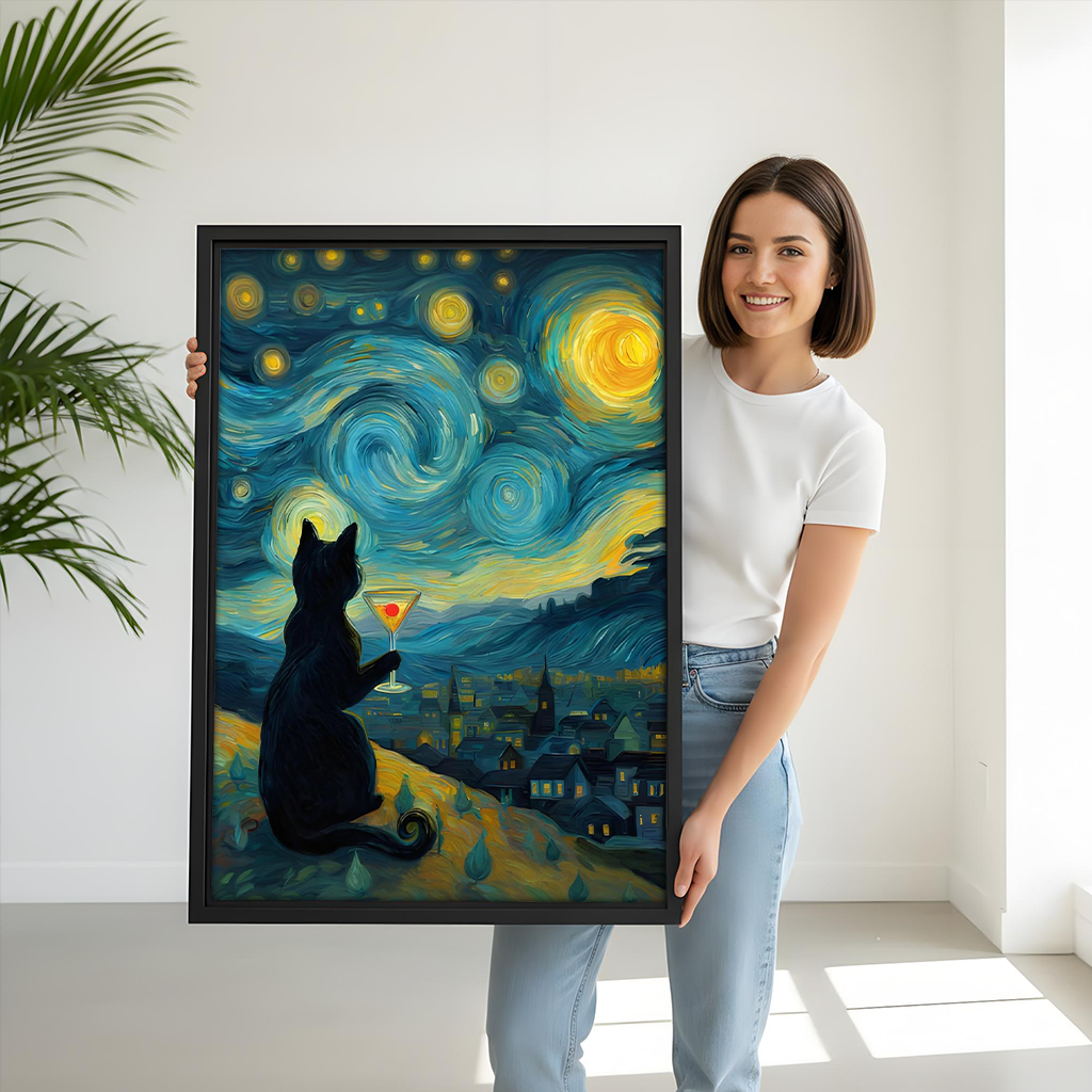 Framed starry night black cat canvas wall art with expressive blue brushwork displayed above a gray living room sofa.