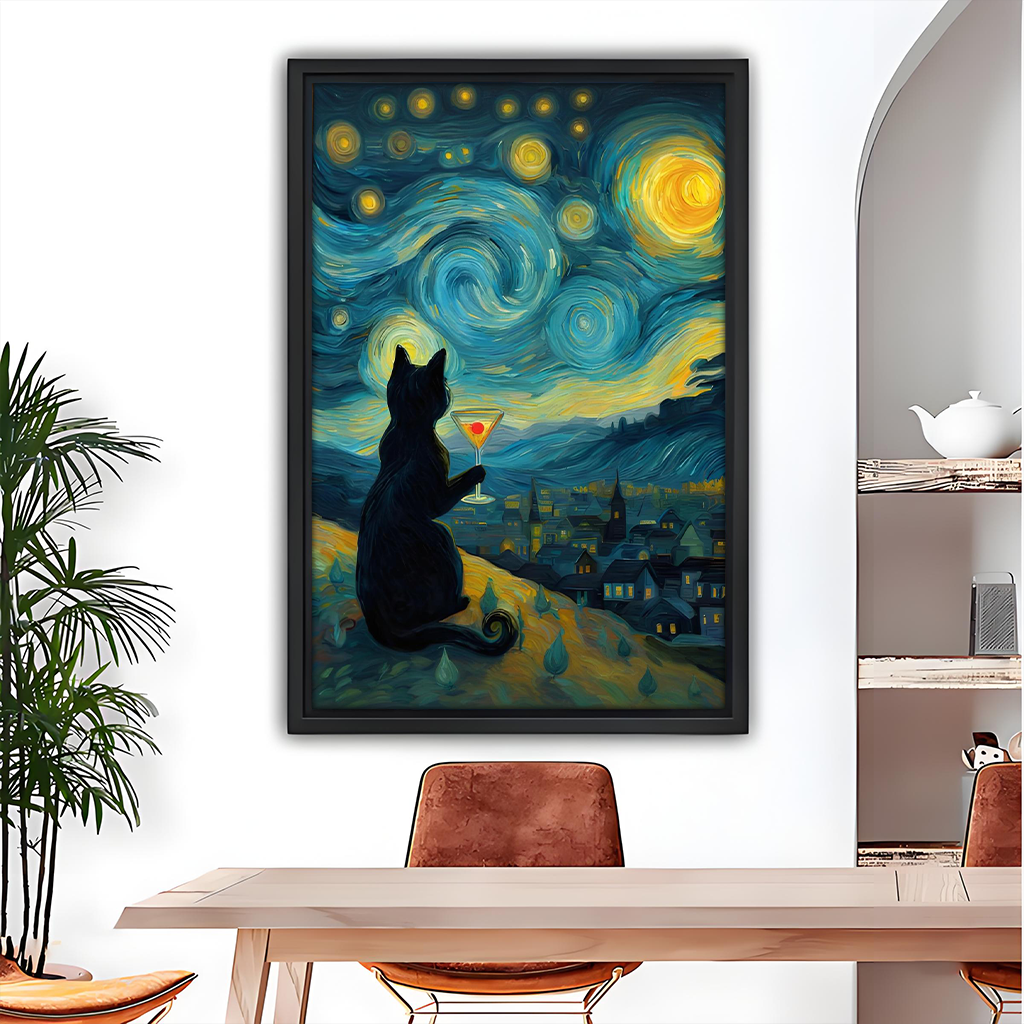 Gallery-wrap starry night black cat canvas wall art featuring a cocktail glass and swirling blue sky above a dining table.