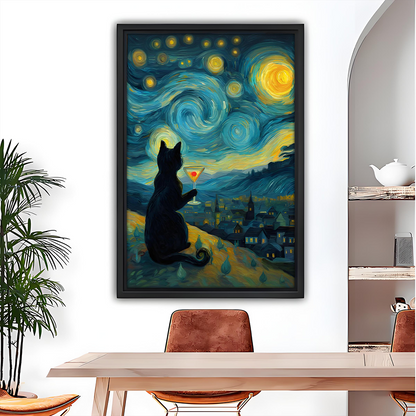 Gallery-wrap starry night black cat canvas wall art featuring a cocktail glass and swirling blue sky above a dining table.