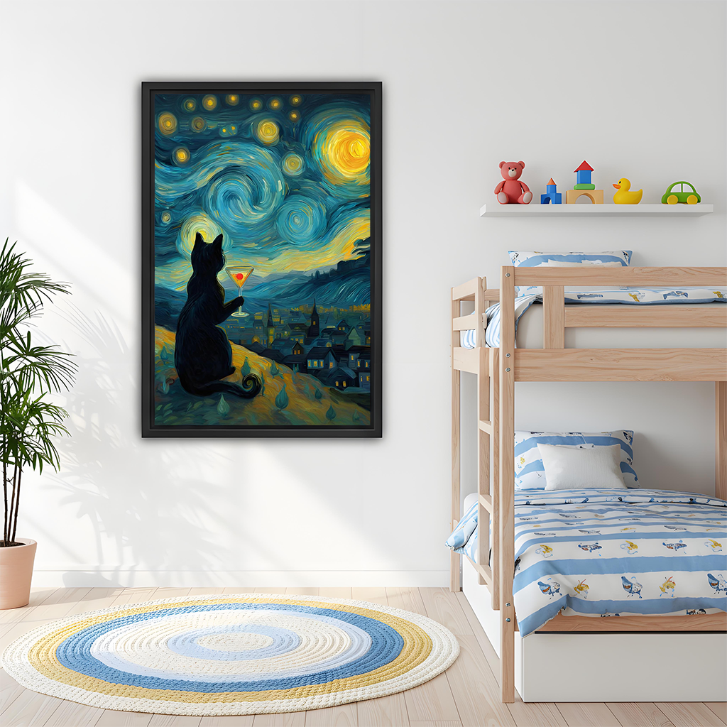 Woman holding black-framed starry night black cat canvas wall art showing a cat raising a cocktail glass.