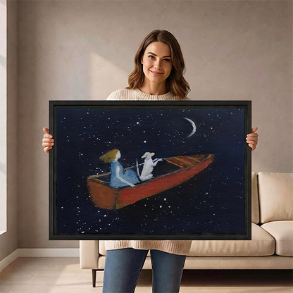 Woman holding a large framed starry night wall art print featuring a girl and white dog in a red boat, showing print scale and black frame