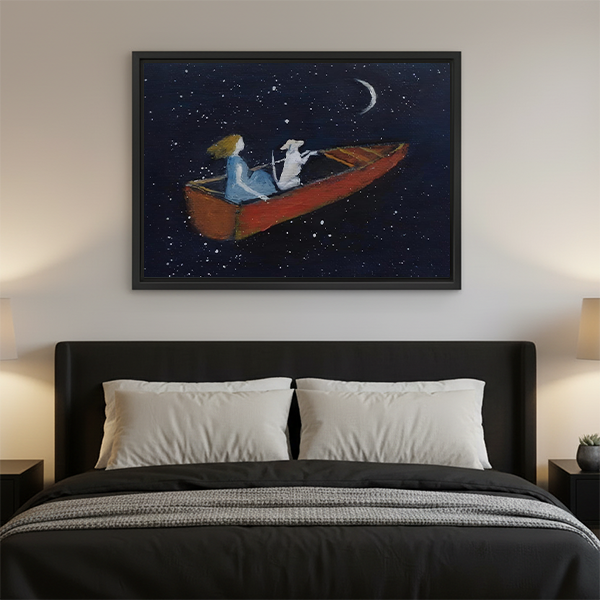 Starry night framed art print of a girl and dog rowing toward a crescent moon, displayed as bedroom wall decor above a dark upholstered bed