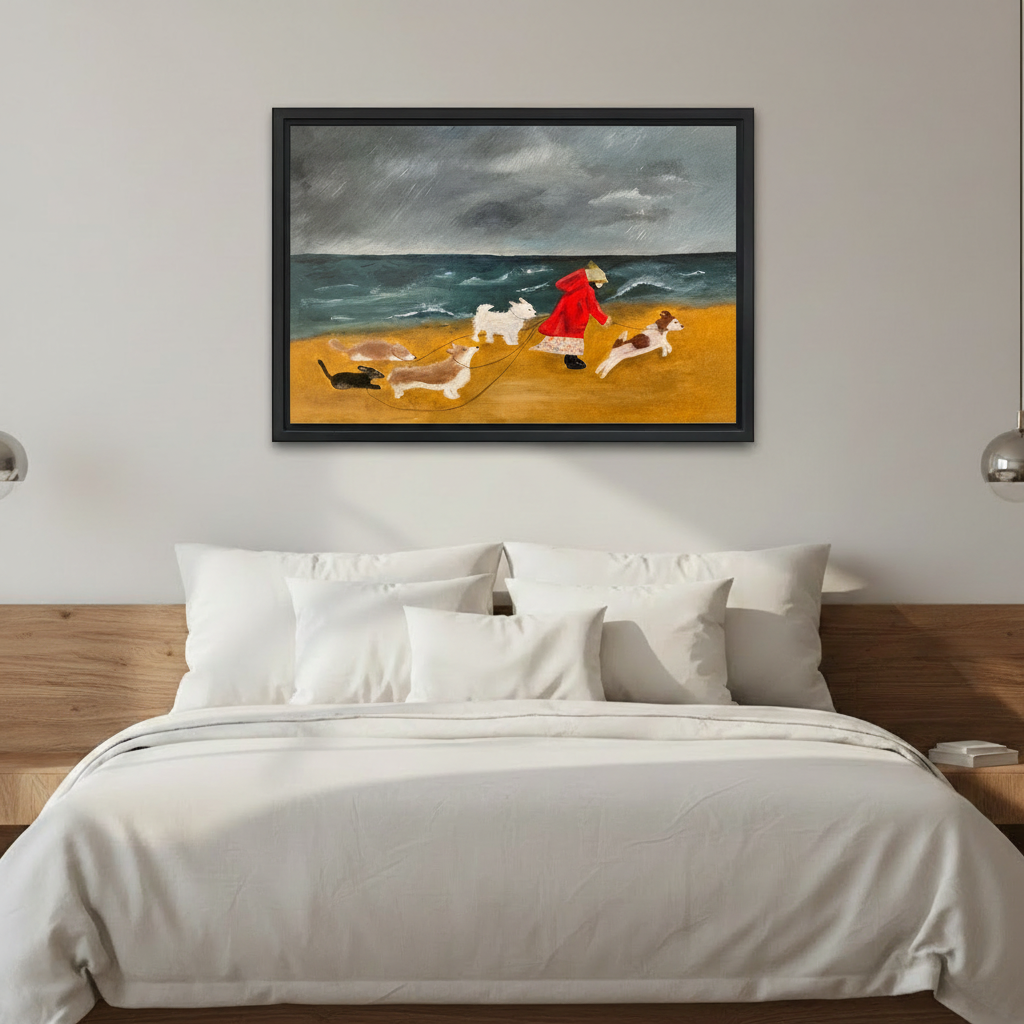 Stormy beach dog walk vintage framed canvas wall art above bed bedroom decor folk art print