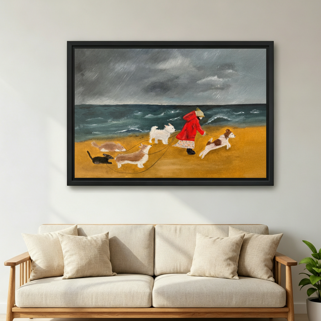 Vintage folk art stormy beach dog walk framed canvas wall art above sofa living room decor
