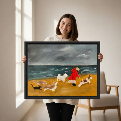 Woman holding stormy beach dog walk vintage framed canvas print folk art dog lover gift idea
