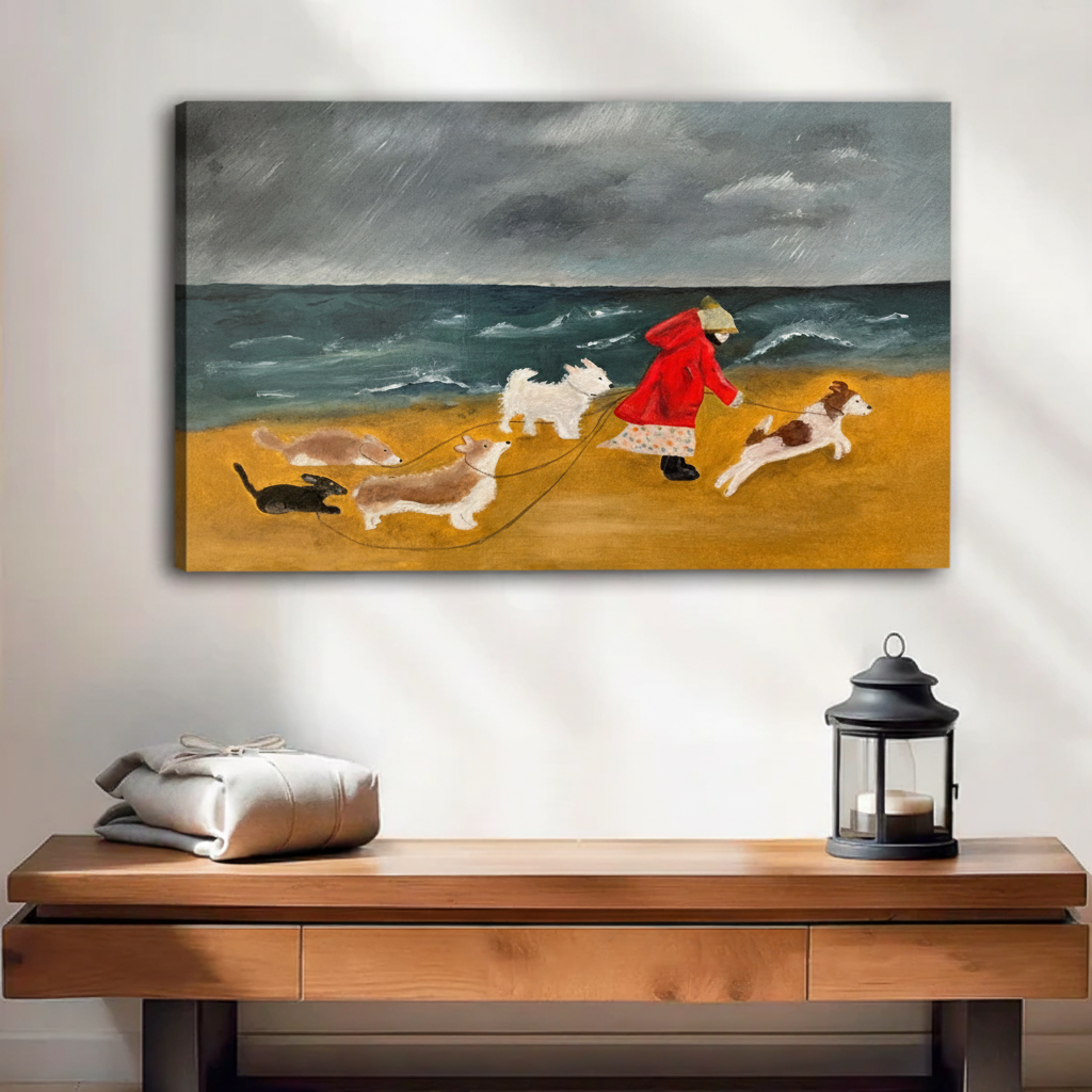 Stormy beach dog walk gallery wrap canvas print above console table coastal folk art wall decor