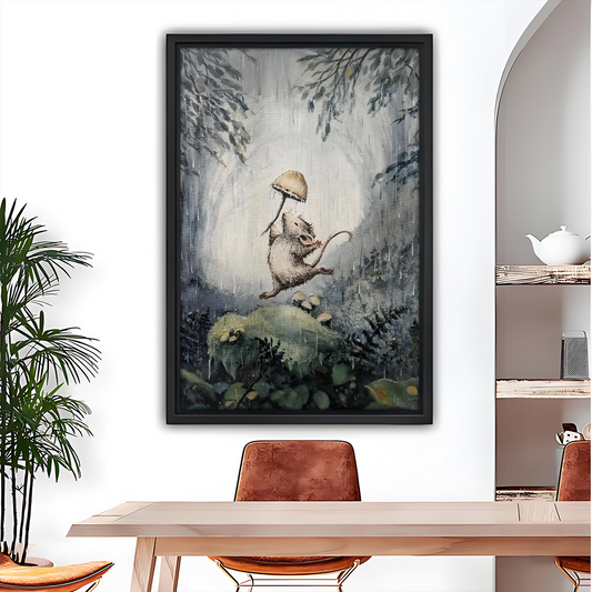 Storybook mouse with mushroom umbrella framed canvas wall art in boho dining room beside arched mirror