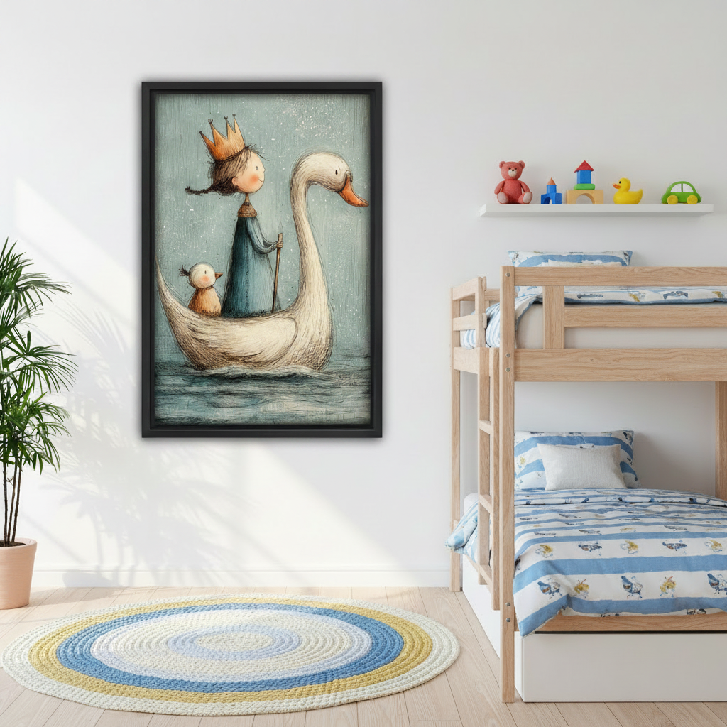Storybook-style framed wall art of a little princess and duckling on a swan, displayed in a children's bedroom with bunk beds