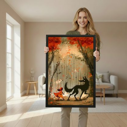 Storybook wolf autumn forest canvas wall art hanging above a cream chair in a reading nook.
