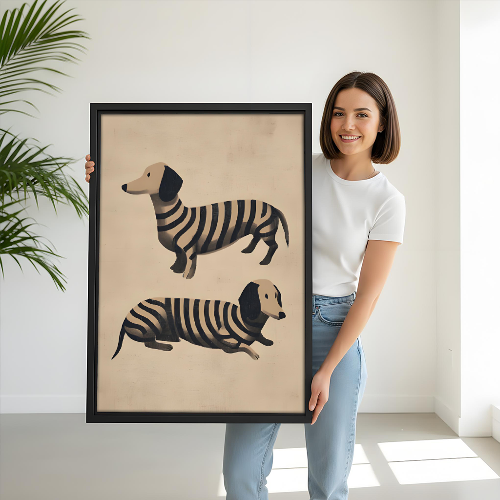 Woman holding large framed striped dachshund canvas wall art for size reference, minimalist dog illustration
