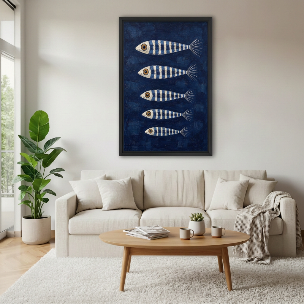 Black-framed striped fish canvas wall art above a cream sofa with neutral cushions and a wooden coffee table.