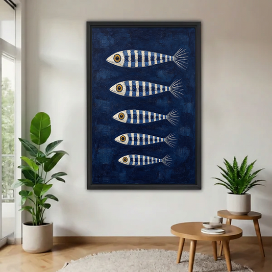 Striped fish canvas wall art featuring five fish on a navy background, framed beside a window and plants.