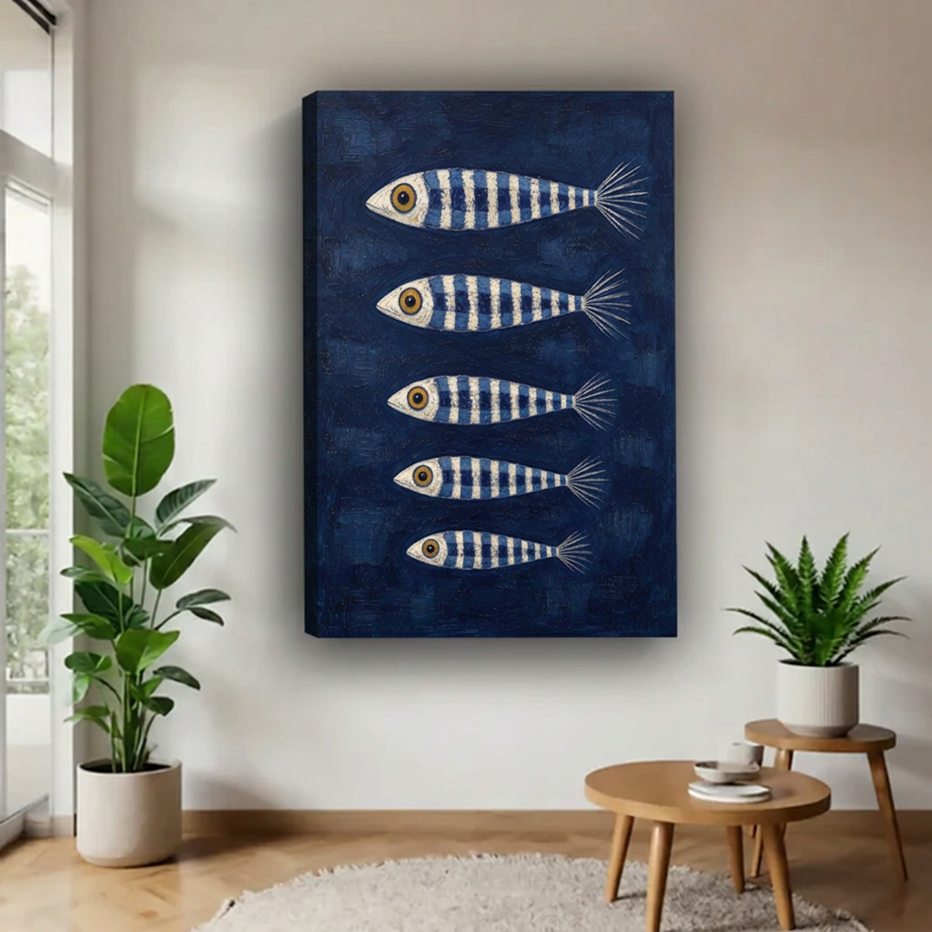  Unframed striped fish canvas wall art with five blue and cream fish displayed between green plants.