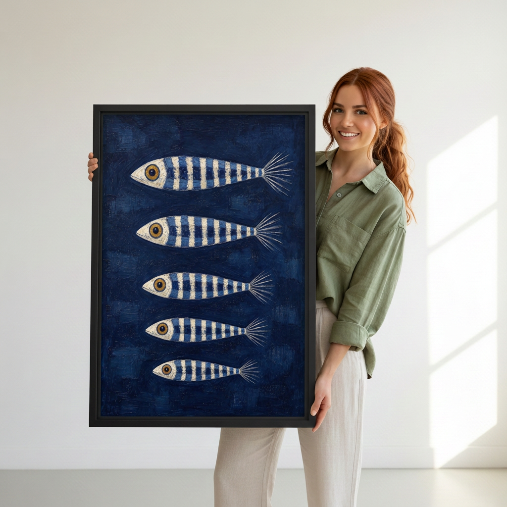  Woman holding black-framed striped fish canvas wall art featuring five fish arranged vertically on a navy background